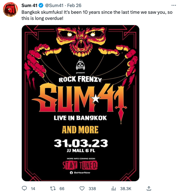 ยกเลิกโชว์ไทย!! 'SUM 41' แจ้งด่วนแคนเซิลทัวร์แถบเอเชียทั้งหมด ยกเลิกโชว์ไทย!! 'SUM 41' แจ้งด่วนแคนเซิลทัวร์แถบเอเชียทั้งหมด