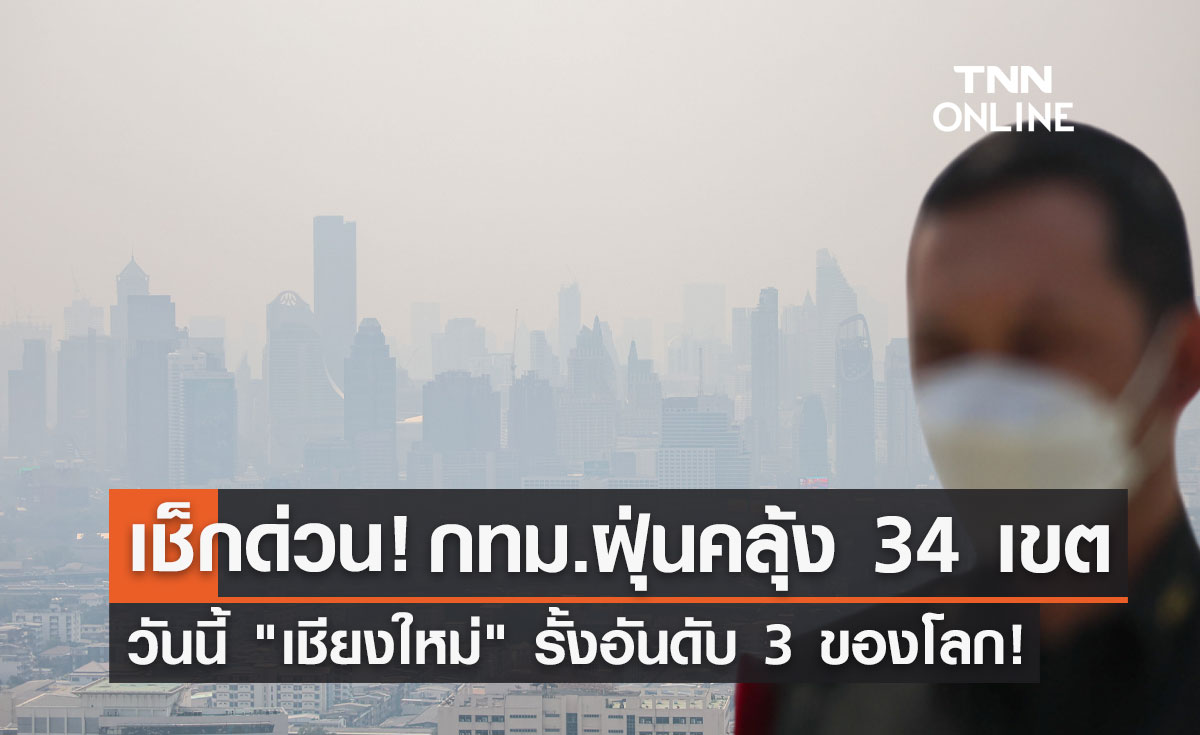 PM 2.5 เช้านี้ กทม.ฝุ่นเกินมาตรฐาน 34 พื้นที่ เชียงใหม่ รั้งอันดับ 3 ของโลก!