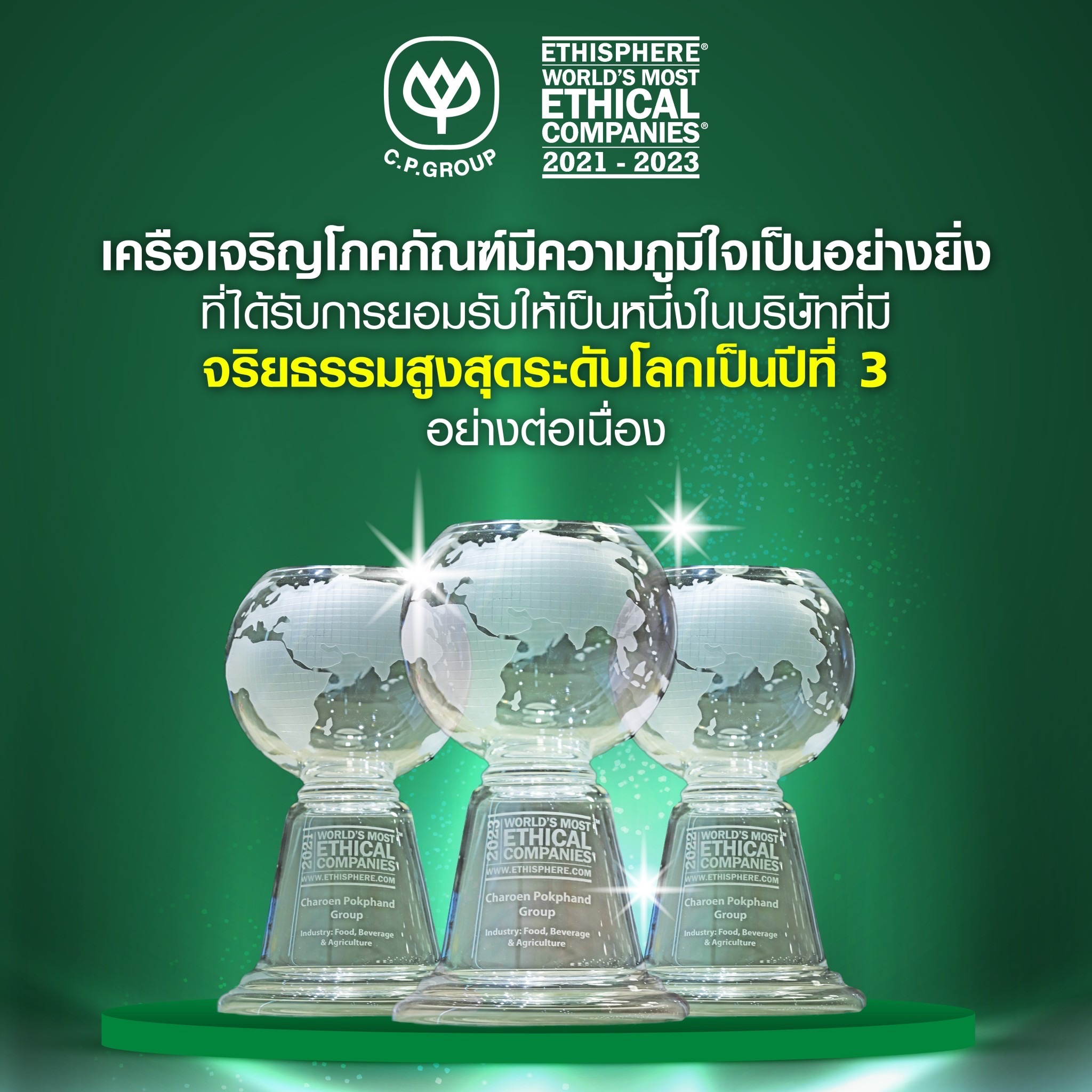 CP ติดอันดับ ธุรกิจมีจริยธรรมมากสุดในโลกปี 66 ในกลุ่มอาหารและเครื่องดื่ม ต่อเนื่องเป็นปีที่ 3 CP ติดอันดับ ธุรกิจมีจริยธรรมมากสุดในโลกปี 66 ในกลุ่มอาหารและเครื่องดื่ม ต่อเนื่องเป็นปีที่ 3