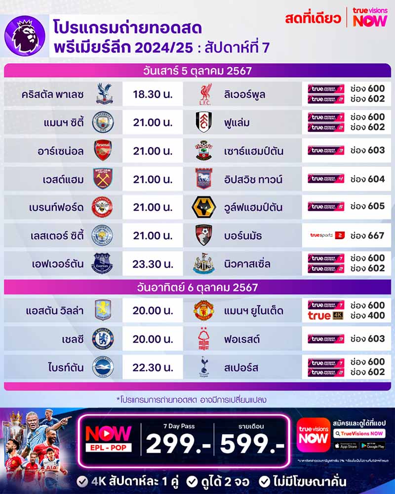 โปรแกรมการแข่งขัน พร้อมช่องถ่ายทอดสด พรีเมียร์ลีก 2024/25 สัปดาห์ที่ 7 โปรแกรมการแข่งขัน พร้อมช่องถ่ายทอดสด พรีเมียร์ลีก 2024/25 สัปดาห์ที่ 7