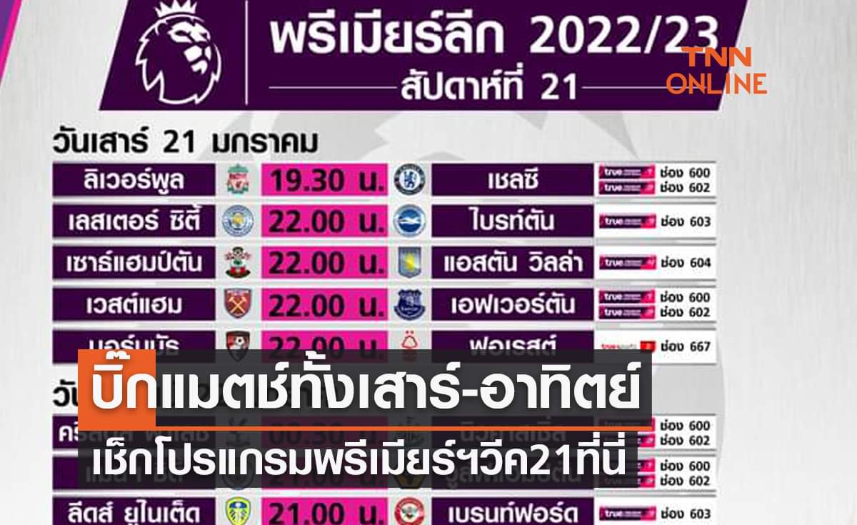 โปรแกรมฟุตบอลพรีเมียร์ลีก 2022-23 สัปดาห์ที่ 21 (21-23 ม.ค. 66)