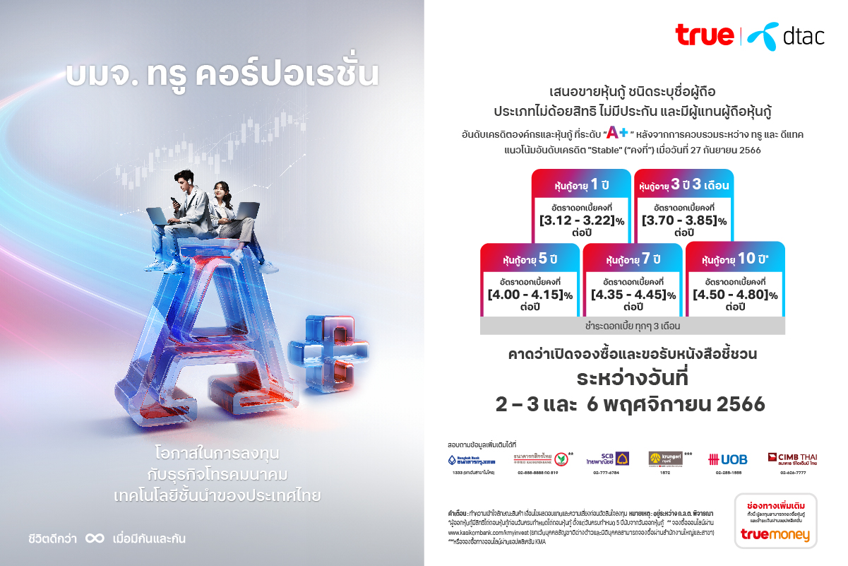 “ทรู คอร์ปอเรชั่น” เตรียมออกหุ้นกู้อายุ 1-10 ปี อันดับความน่าเชื่อถือระดับ A+ คาดเปิดให้จอง 2 – 6 พฤศจิกายน 2566
