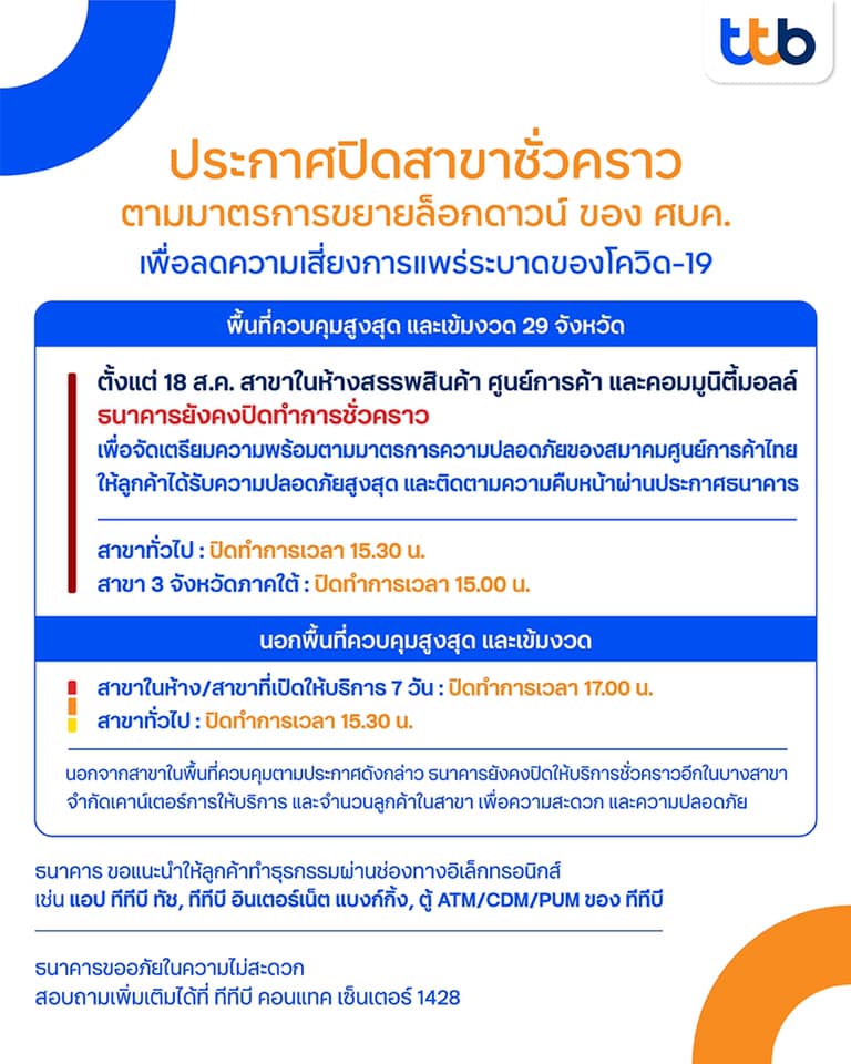เช็กที่นี่ เวลาเปิด-ปิดธนาคารที่มีสาขาในห้าง พื้นที่สีแดงเข้ม29จังหวัดก่อนใช้บริการ 