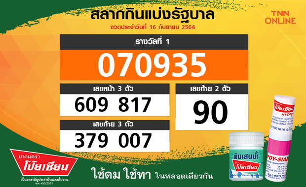 ตรวจหวย สลากกินแบ่งรัฐบาล งวดประจำวันที่ 16 ก.ย. 2564 ได้ที่นี่