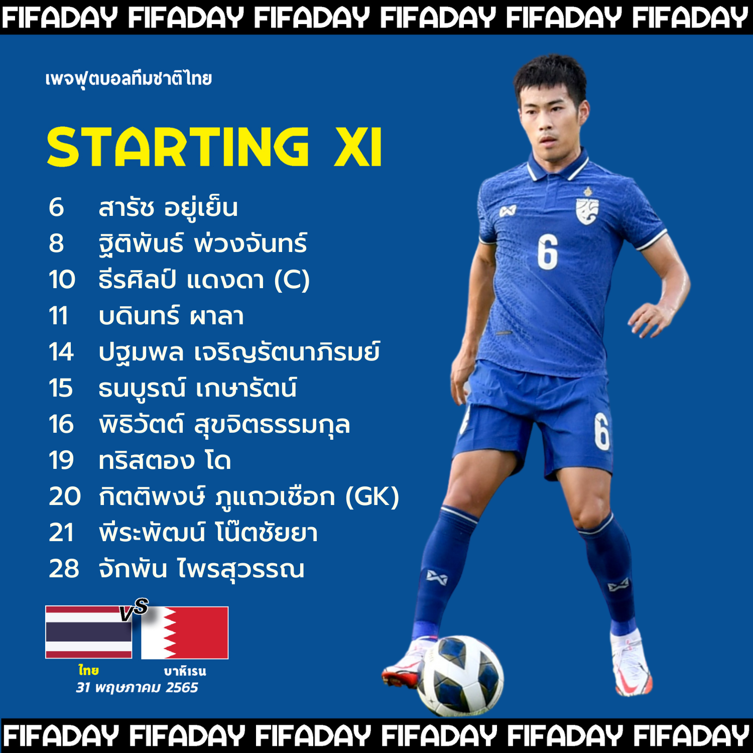11 รายชื่อผู้เล่นตัวจริง ฟุตบอลกระชับมิตร ฟีฟ่า เอแมตช์ 2022 ไทย พบ บาห์เรน 11 รายชื่อผู้เล่นตัวจริง ฟุตบอลกระชับมิตร ฟีฟ่า เอแมตช์ 2022 ไทย พบ บาห์เรน