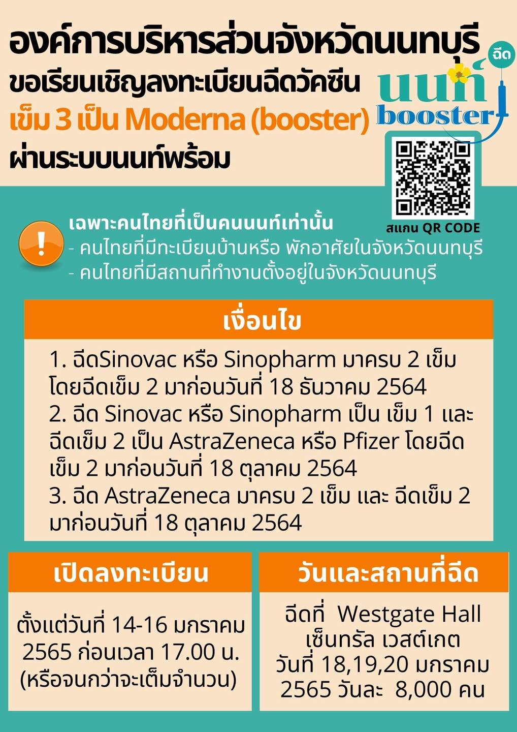 อบจ.นนทบุรี-รพ.บางบัวทอง 2 จัดฉีดวัคซีนโควิดเข็ม 3 โมเดอร์นา-ไฟเซอร์ ลงทะเบียนเลย! อบจ.นนทบุรี-รพ.บางบัวทอง 2 จัดฉีดวัคซีนโควิดเข็ม 3 โมเดอร์นา-ไฟเซอร์ ลงทะเบียนเลย!