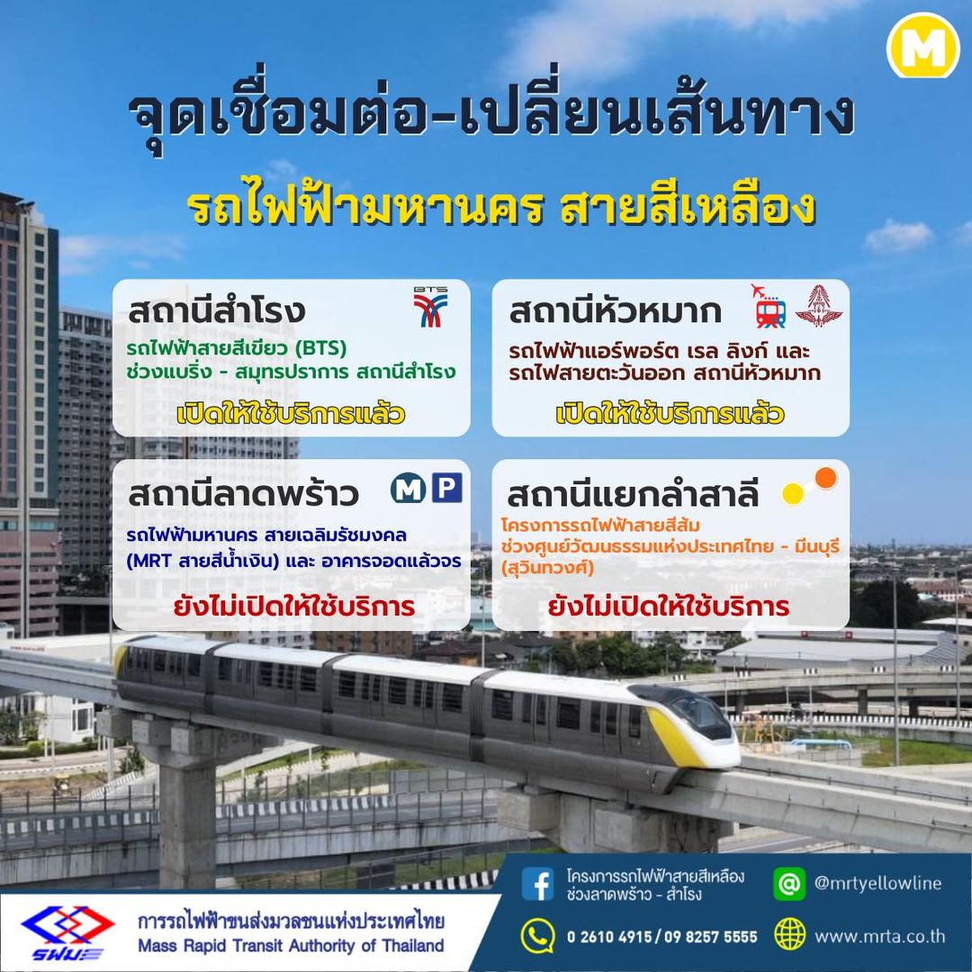 รถไฟฟ้าสายสีเหลือง เช็กจุดเชื่อมต่อ-เปลี่ยนเส้นทาง ได้ที่นี่!