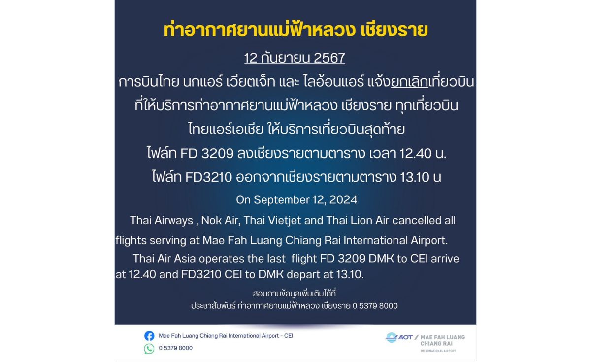 เร่งช่วยเหลือผู้โดยสารในสนามบินแม่ฟ้าหลวงออกจากพื้นที่ 