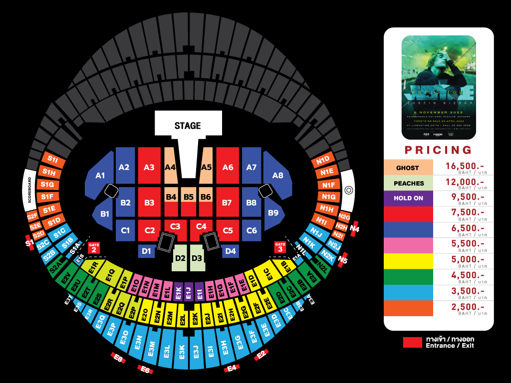 ประกาศแล้ว! ผังคอนเสิร์ต จัสติน บีเบอร์ ราชมังคลาฯ 6 พ.ย.นี้ เปิดขายบัตรศุกร์นี้