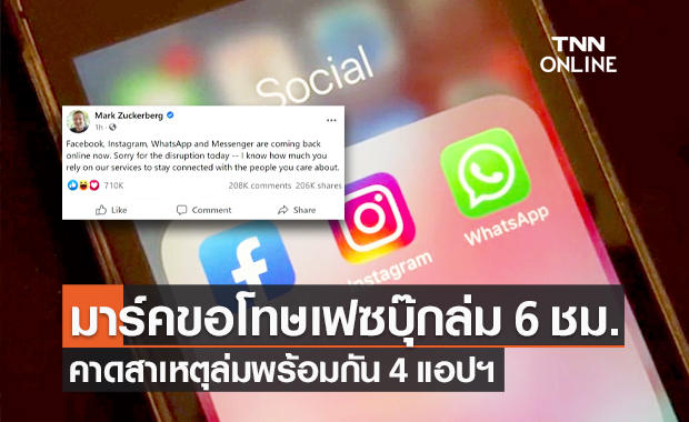 "มาร์ค" ขอโทษ "เฟซบุ๊กล่ม" นาน 6 ชม. คาดสาเหตุล่ม พร้อมกัน 4 แอปฯ