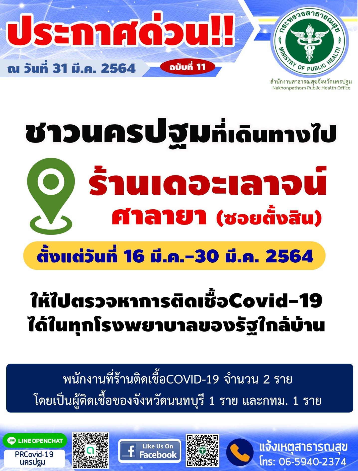 นครปฐม ประกาศใครไปร้านเดอะเลาจน์ ศาลายา ตรวจโควิดด่วน!