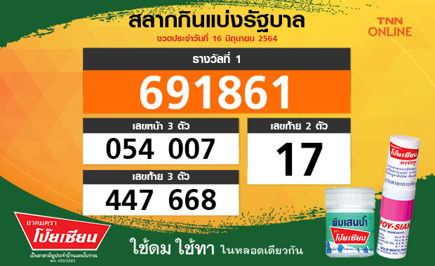 ตรวจหวย สลากกินแบ่งรัฐบาล งวดประจำวันที่ 16 มิ.ย. 2564 ได้ที่นี่