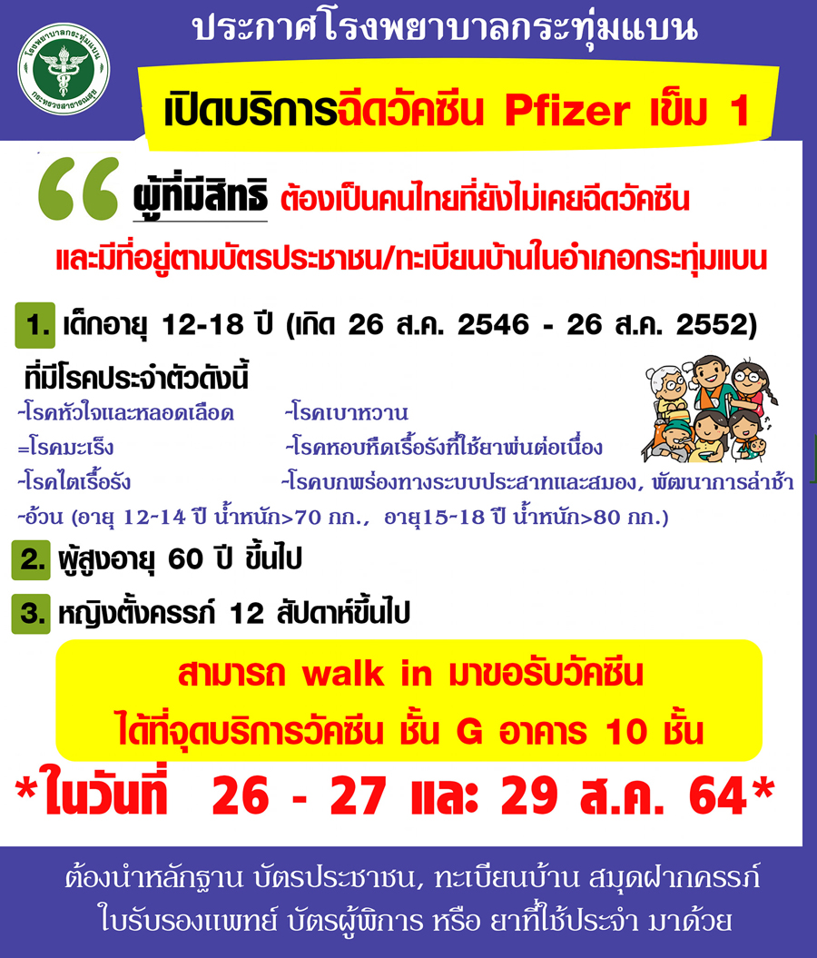 เช็กเงื่อนไขด่วน! กระทุ่มแบน เปิด Walk-in ฉีด ไฟเซอร์ เริ่ม 26 ส.ค.นี้ เช็กเงื่อนไขด่วน! กระทุ่มแบน เปิด Walk-in ฉีด ไฟเซอร์ เริ่ม 26 ส.ค.นี้