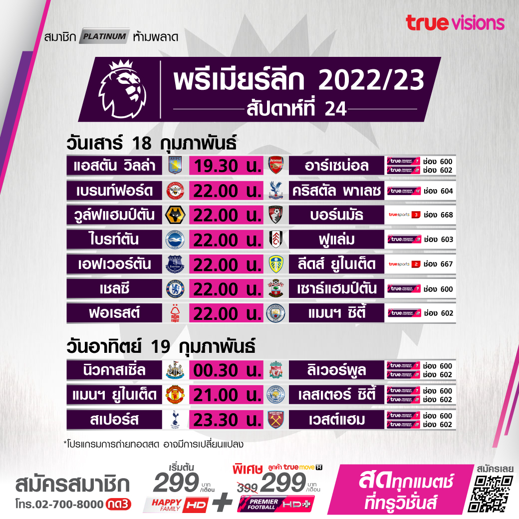 โปรแกรมถ่ายทอดสดฟุตบอลพรีเมียร์ลีก 2022-23 สัปดาห์ที่ 24 (18-19 ก.พ. 66)