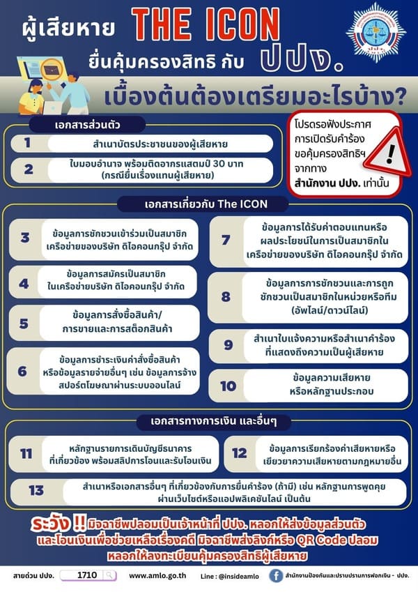 ปปง. เปิดให้ผู้เสียหายคดี ดิ ไอคอน ยื่นคำร้องขอคืนทรัพย์สินถึง 17 ก.พ. 68 ปปง. เปิดให้ผู้เสียหายคดี ดิ ไอคอน ยื่นคำร้องขอคืนทรัพย์สินถึง 17 ก.พ. 68