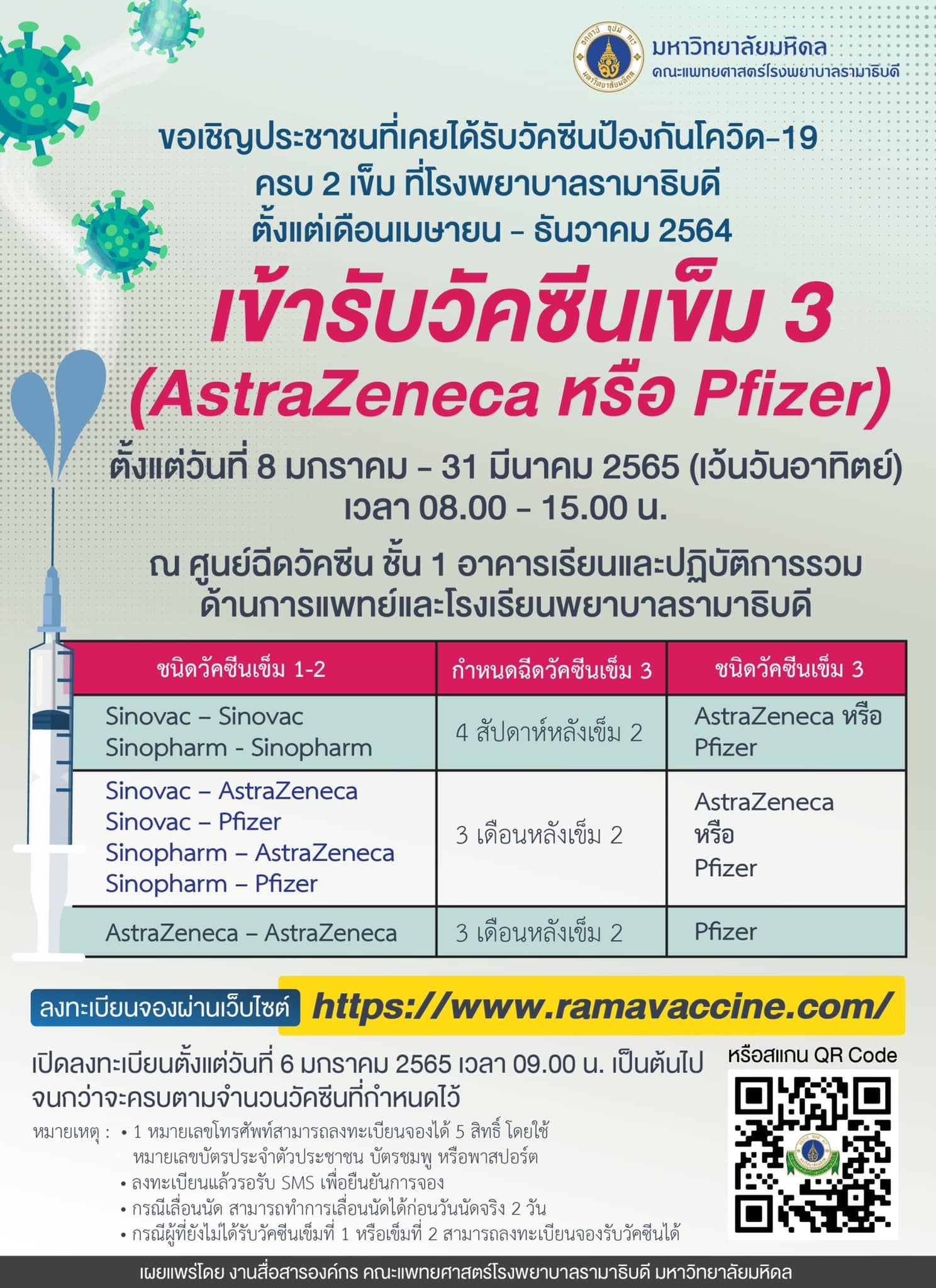 โรงพยาบาลรามาธิบดี เปิดให้ฉีดวัคซีนเข็ม 3 ฟรี ทั้งไฟเซอร์-แอสตร้าเซนเนก้า โรงพยาบาลรามาธิบดี เปิดให้ฉีดวัคซีนเข็ม 3 ฟรี ทั้งไฟเซอร์-แอสตร้าเซนเนก้า
