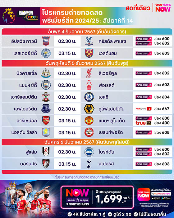 โปรแกรมพรีเมียร์ลีก ฤดูกาล 2024/2025 สัปดาห์ที่ 14 โปรแกรมพรีเมียร์ลีก ฤดูกาล 2024/2025 สัปดาห์ที่ 14