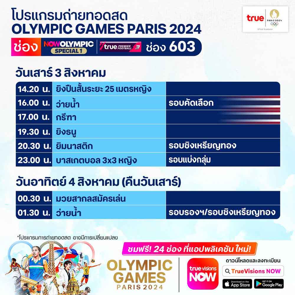 โปรแกรมถ่ายทอดสด โอลิมปิก 2024 ประจำวันที่ 3 ส.ค. ทางช่องทรูวิชั่นส์ โปรแกรมถ่ายทอดสด โอลิมปิก 2024 ประจำวันที่ 3 ส.ค. ทางช่องทรูวิชั่นส์