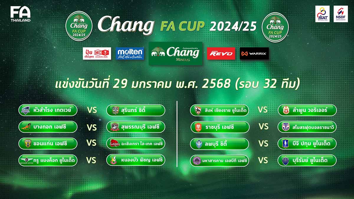 ผลการจับสลากประกบคู่ ฟุตบอลช้าง เอฟเอ คัพ รอบ 32 ทีมสุดท้าย ผลการจับสลากประกบคู่ ฟุตบอลช้าง เอฟเอ คัพ รอบ 32 ทีมสุดท้าย
