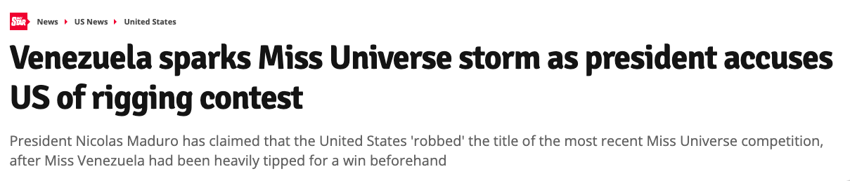 ล็อคมงจริงไหม?!! ปธน.โวย นางงามเวเนฯ ถูกปล้นชัยชนะเวที Miss Universe ปีนี้ ล็อคมงจริงไหม?!! ปธน.โวย นางงามเวเนฯ ถูกปล้นชัยชนะเวที Miss Universe ปีนี้