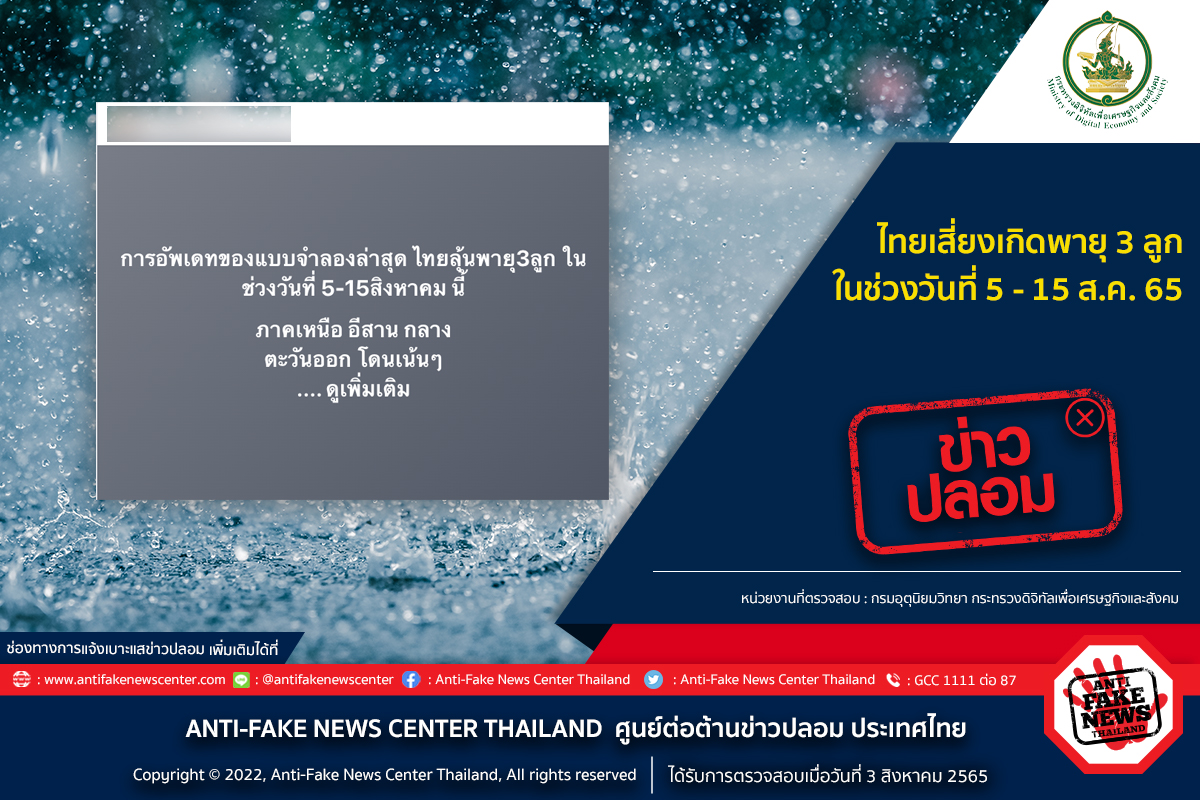 ไทยเสี่ยงเกิดพายุ 3 ลูก ช่วงวันที่ 5-15 ส.ค.65 เป็นข่าวปลอม อย่าแชร์!