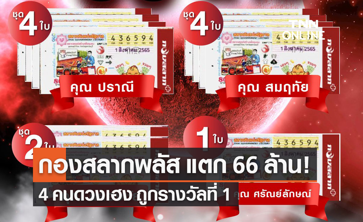 กองสลากพลัส หวยงวด 1 ส.ค. รางวัลที่ 1 แตก 11 ใบ 66 ล้านบาท