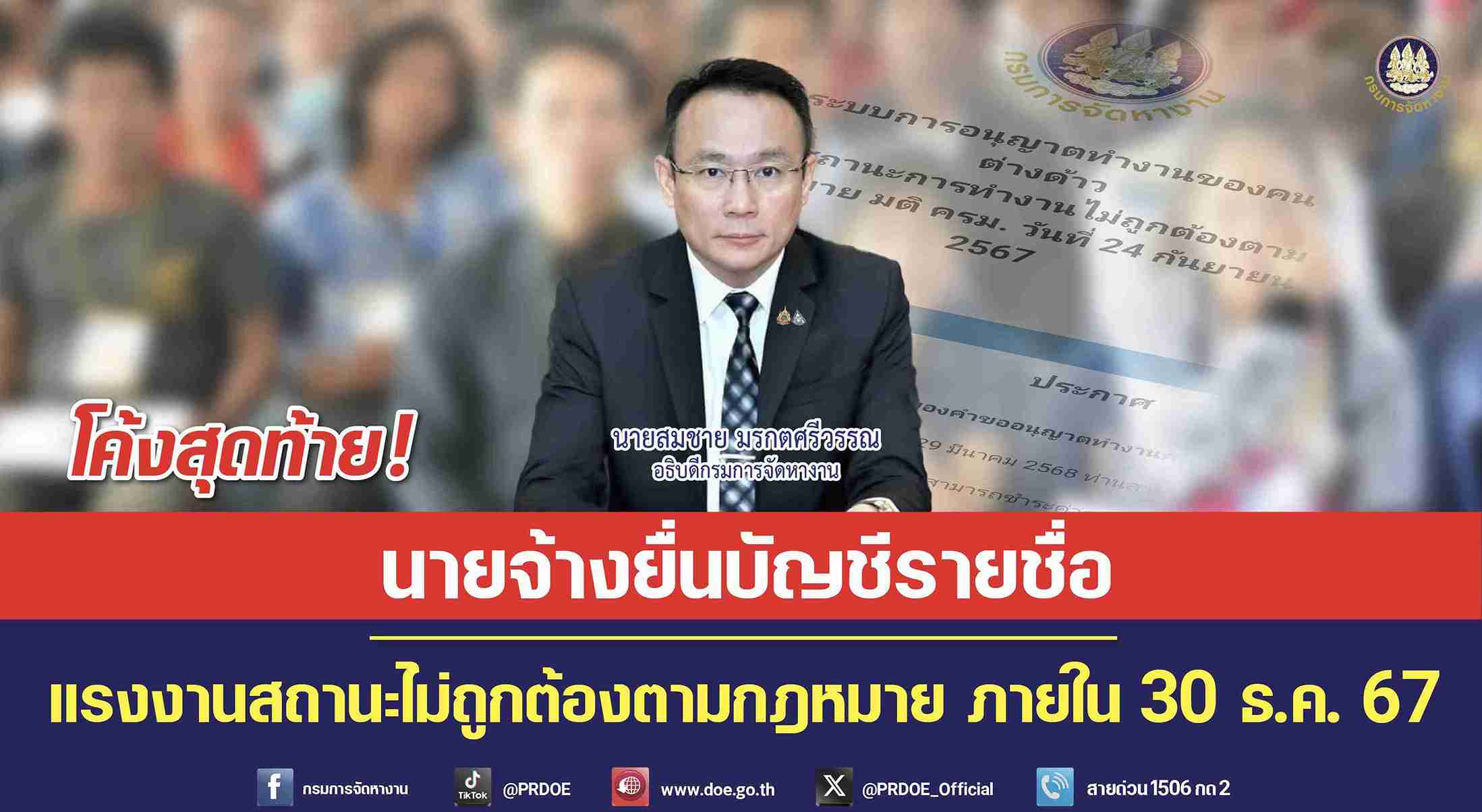 โค้งสุดท้าย! นายจ้างแรงงานข้ามชาติ เร่งยื่นบัญชีรายชื่อ ภายใน 30 ธ.ค. 67 โค้งสุดท้าย! นายจ้างแรงงานข้ามชาติ เร่งยื่นบัญชีรายชื่อ ภายใน 30 ธ.ค. 67