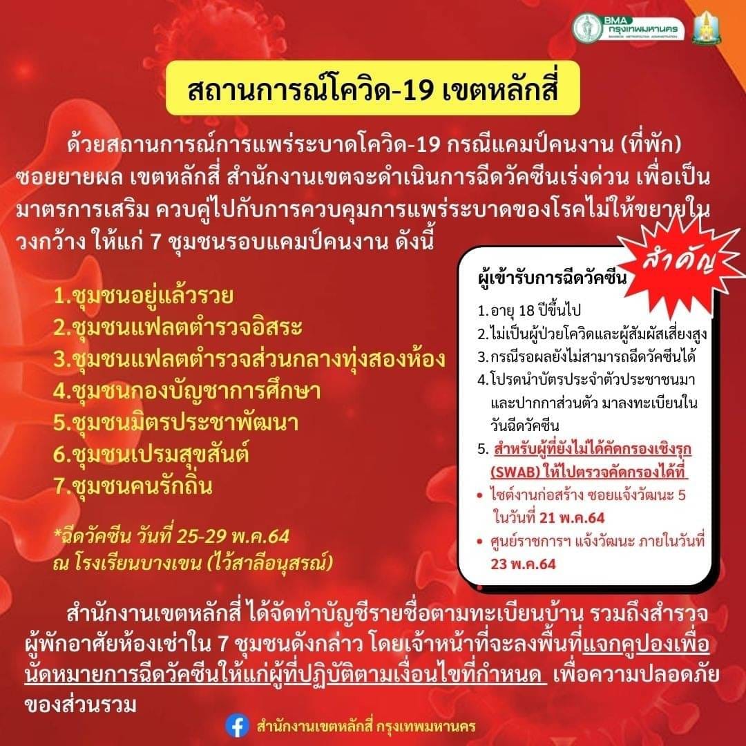 แจ้งด่วน!เขตหลักสี่เปิดให้ฉีดวัคซีนโควิด สกัดคลัสเตอร์แคมป์คนงาน แจ้งด่วน!เขตหลักสี่เปิดให้ฉีดวัคซีนโควิด สกัดคลัสเตอร์แคมป์คนงาน